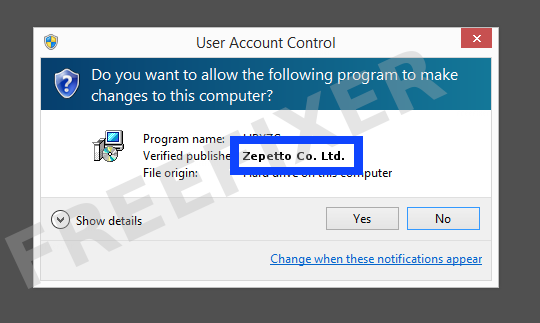 Screenshot where Zepetto Co. Ltd. appears as the verified publisher in the UAC dialog